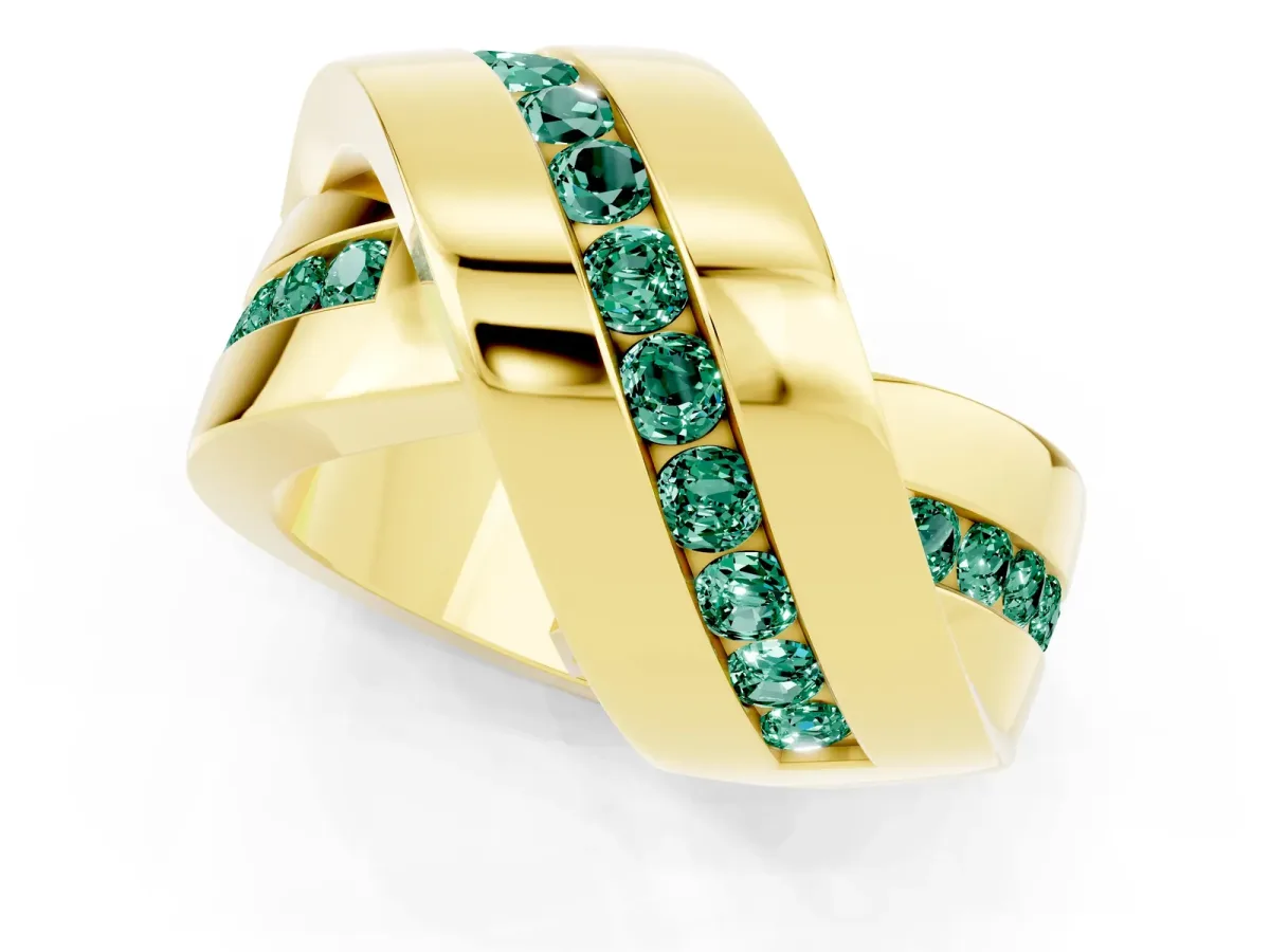 Pavé Round Green Sapphire Crossover Band with Channel Setting Yellow gold