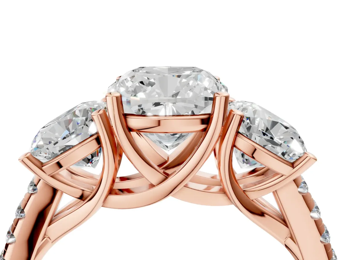 Three-Stone Cushion Cut Diamond Ring with Round Pavé Band and Prong Setting Rose gold