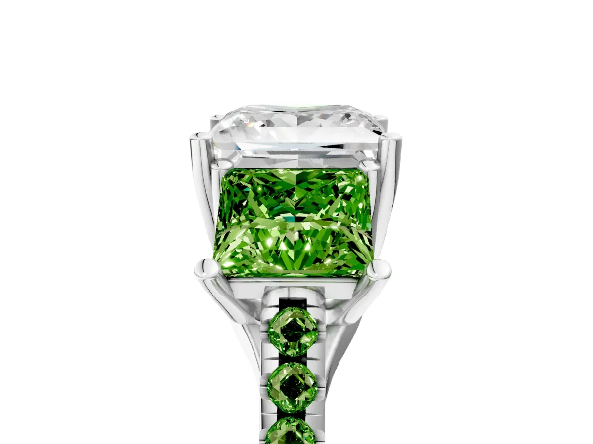 Three-Stone Princess Cut Diamond Ring with Round Peridot Pavé Band and Prong Setting Silver