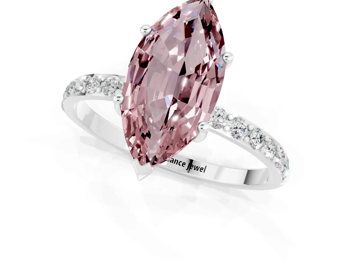 Marquise Cut Morganite Solitaire Ring with Round Pavé Band and Prong Setting Silver