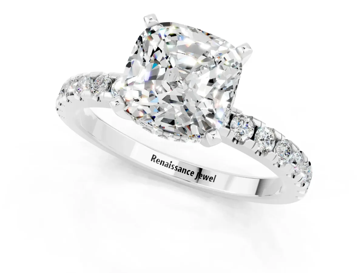 Cushion Cut Moissanite Solitaire Ring with Round Pavé Band and Four-Prong Setting Silver