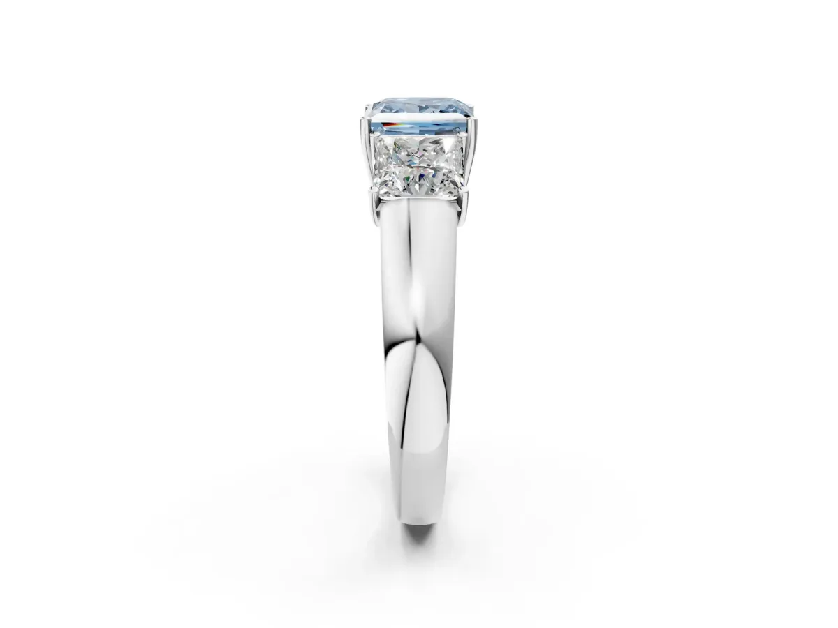 Fancy Blue Three-Stone Princess Cut Cut Diamond Ring with Prong Setting and Classic Band White gold