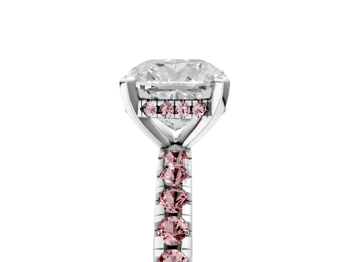 Cushion Cut Diamond Solitaire Ring with Round Morganite Pavé Band and Four-Prong Setting Silver