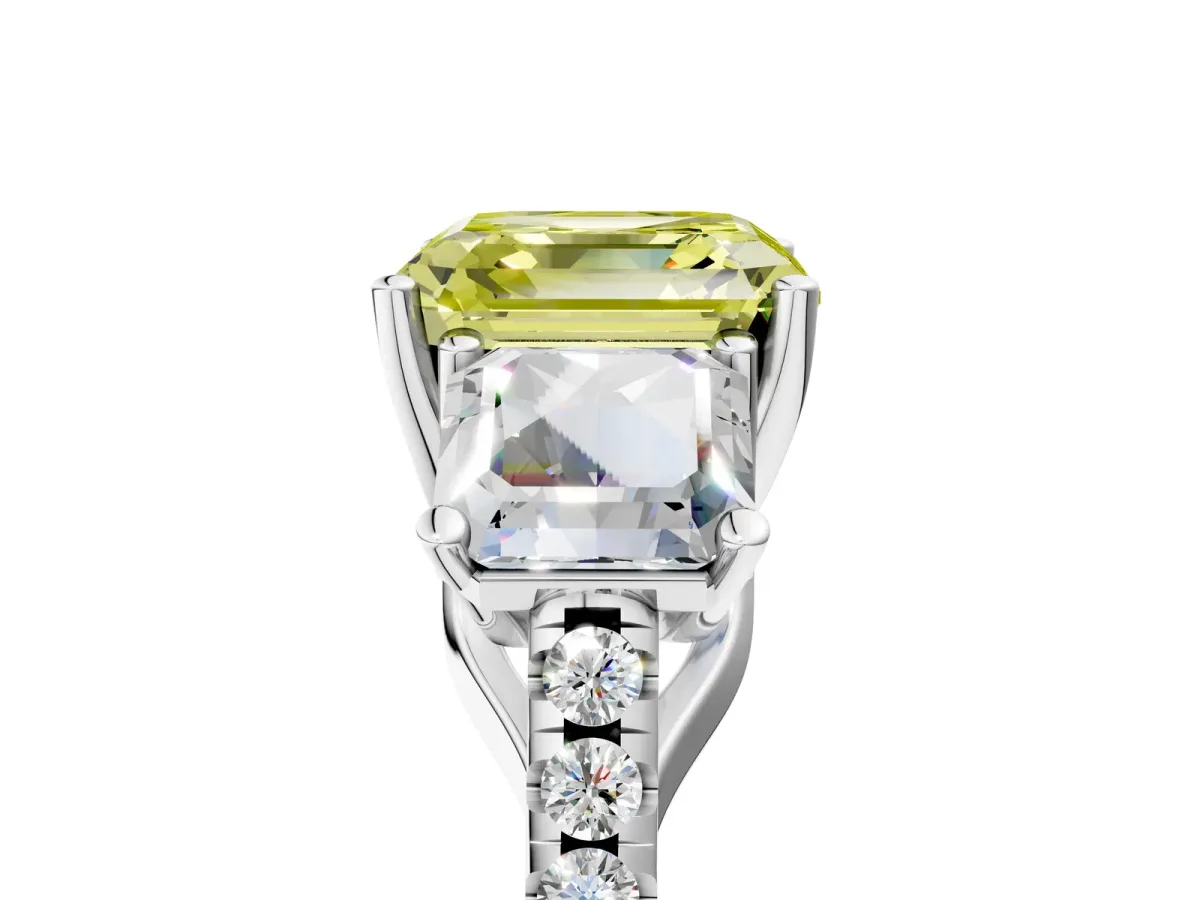 Fancy Yellow Three-Stone Asscher Cut Diamond Ring with Round Pavé Band and Prong Setting Silver
