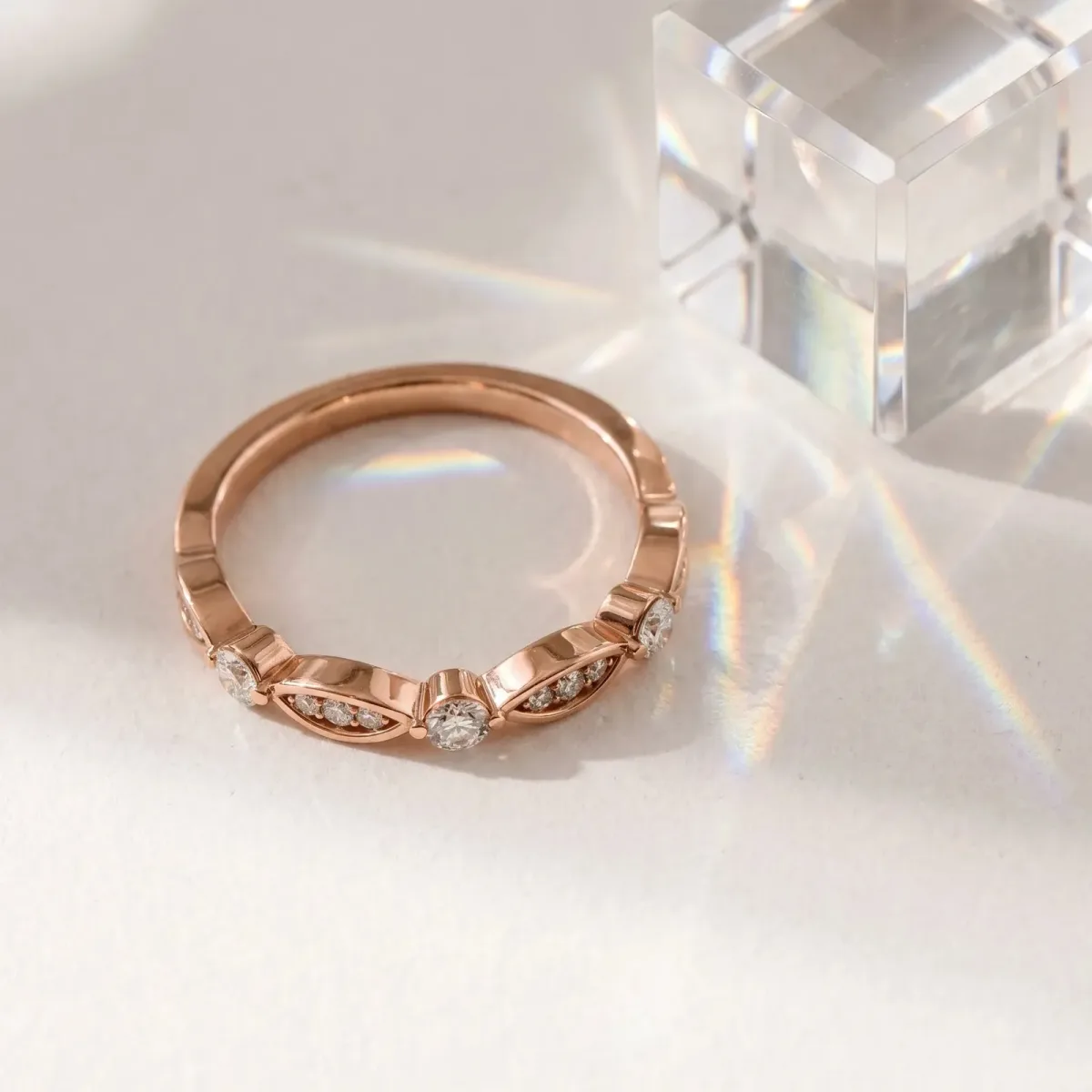 Marquise and Round Diamond Milgrain Band with Bezel Setting Rose gold