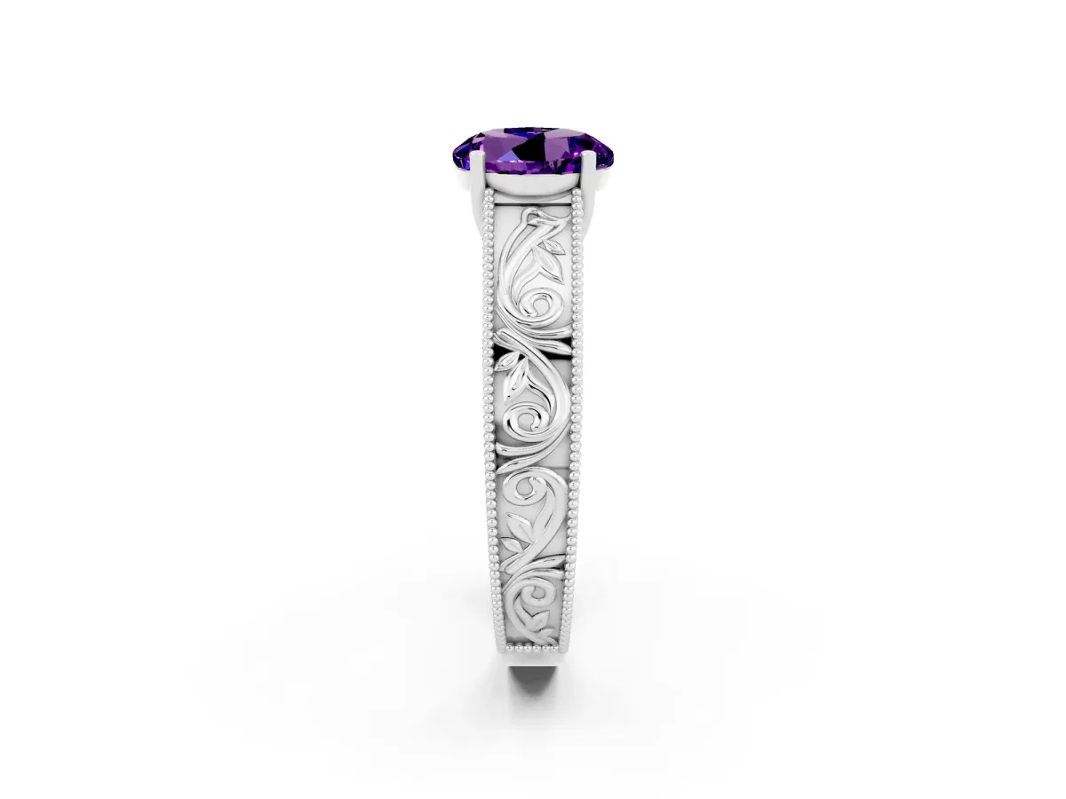 Round Cut Amethyst Solitaire Ring with Engraved Band and Four-Prong Setting White gold