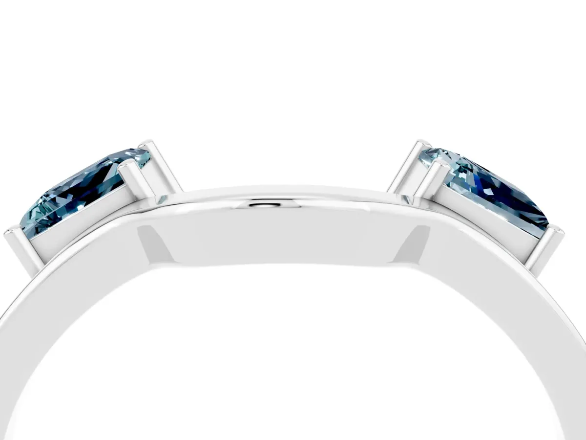 Princess Cut Aquamarine Two-Stone Open Band Ring with Four-Prong Setting Silver