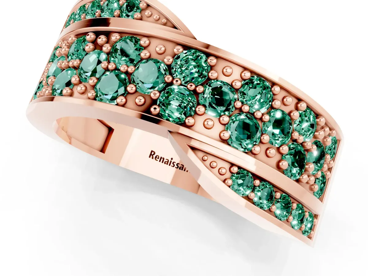 Pavé Round Green Sapphire Crossover Band with Bead Prong Setting Rose gold