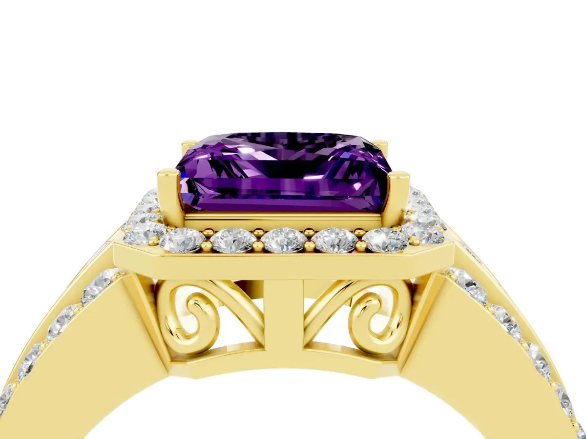 Princess Cut Halo Amethyst Ring with Round Split Shank and Prong Setting Yellow gold