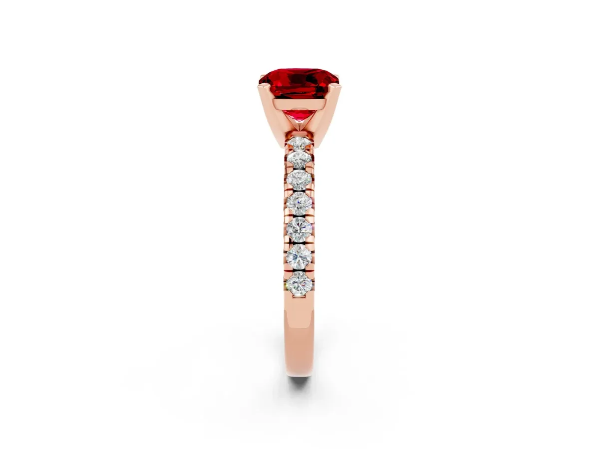 Cushion Cut Ruby Solitaire Pavé Engagement Ring with Round Band and Prong Setting Rose gold