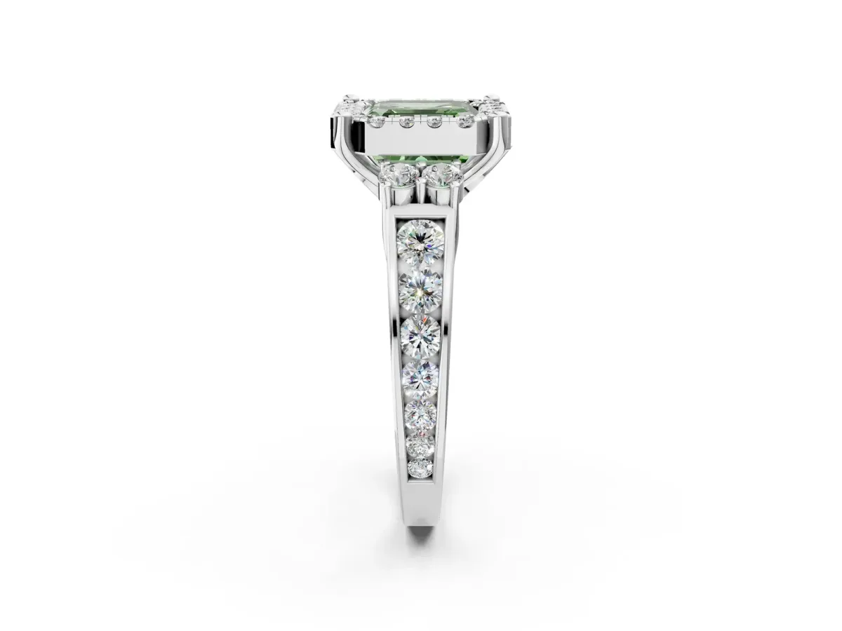 Fancy Green Asscher Cut Halo Diamond Engagement Ring with Split Shank and Four-Prong Setting Platinum