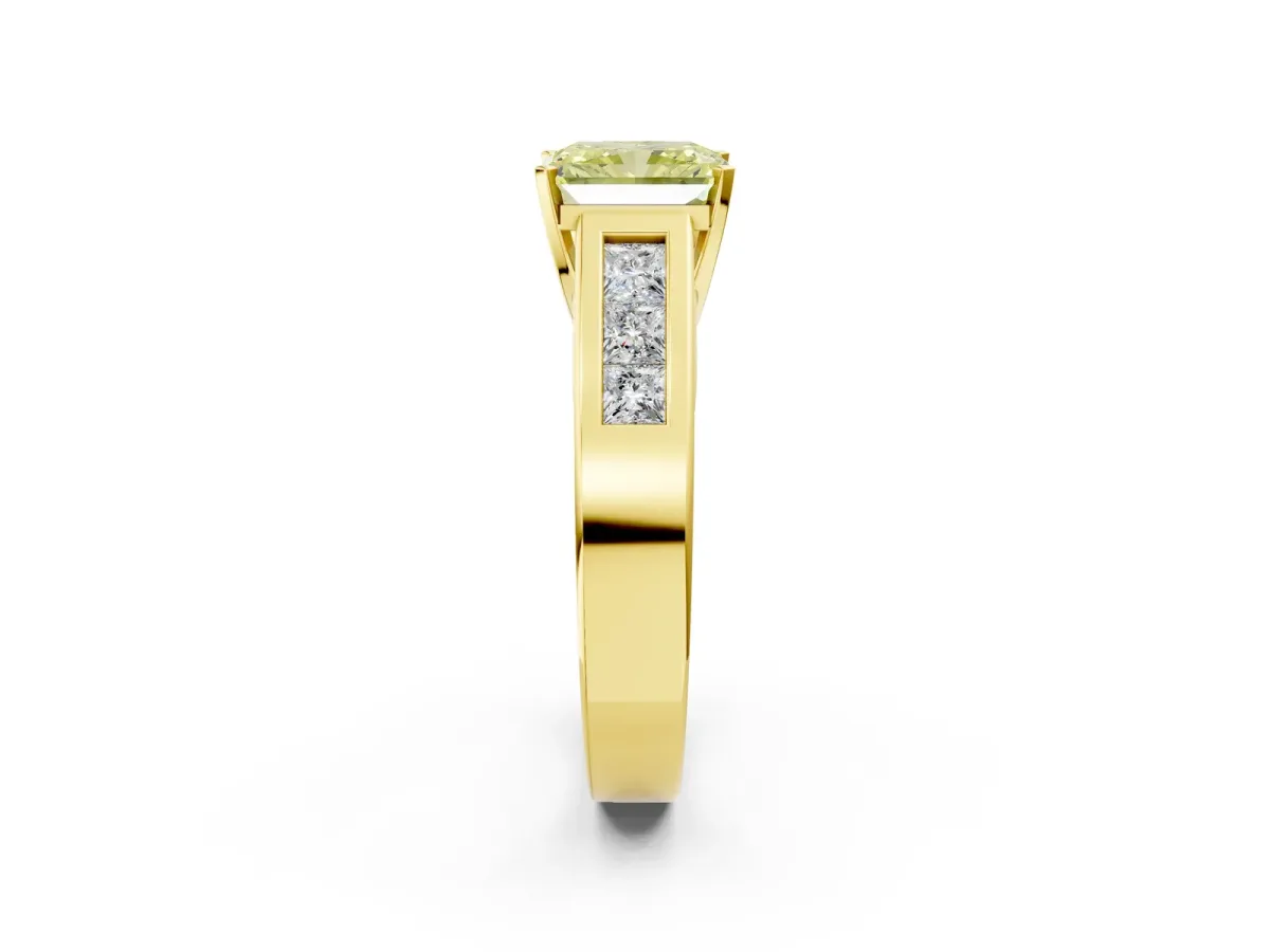 Fancy Yellow Radiant Cut Cut Channel Set Solitaire Ring with Four-Prong Setting Yellow gold