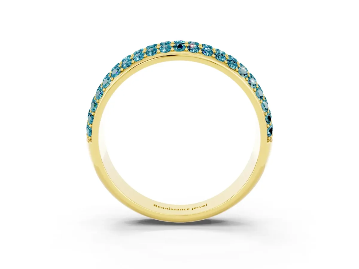 Three-Row Round Blue Topaz Eternity Band with Shared Prong Setting Yellow gold