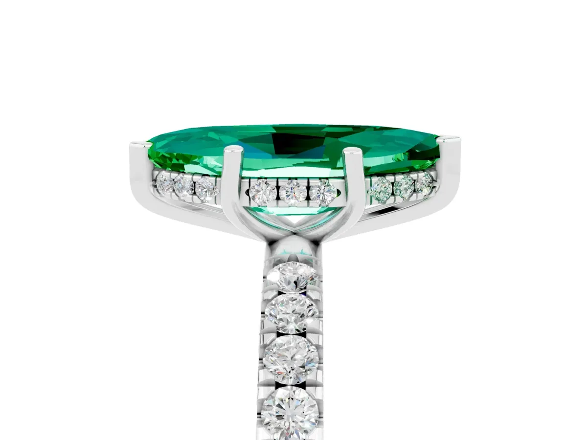 Marquise Cut Emerald Pave Band Solitaire Ring with Round and Prong Setting Platinum