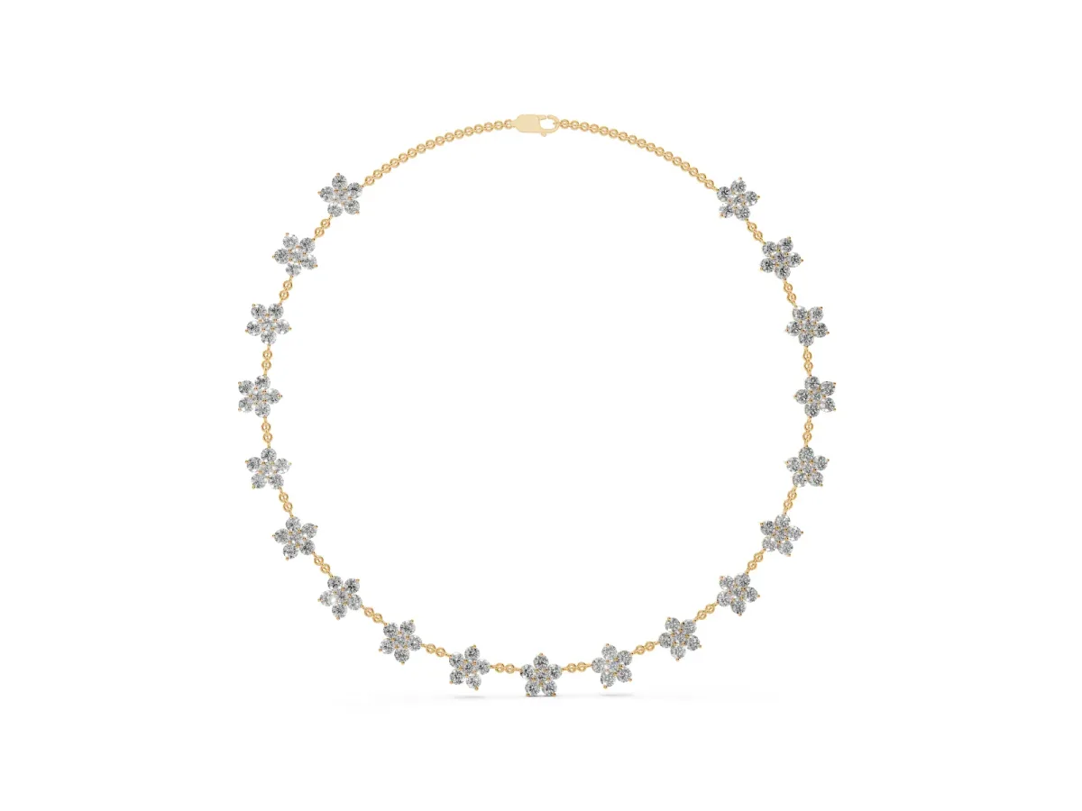 Round Diamond Floral Station Necklace with Diamond Accents Yellow gold