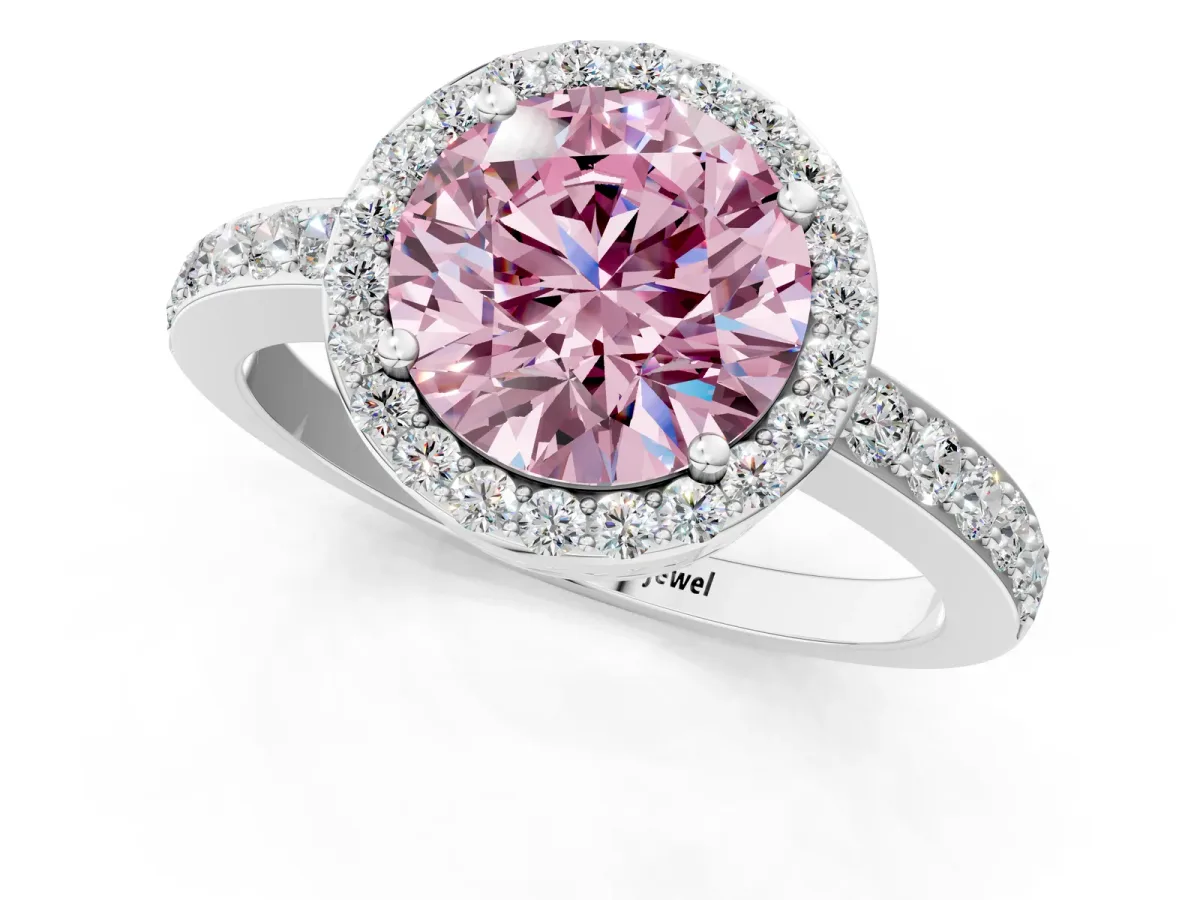 Fancy Pink Round Cut Halo Diamond Pavé Band Ring with Prong Setting Platinum