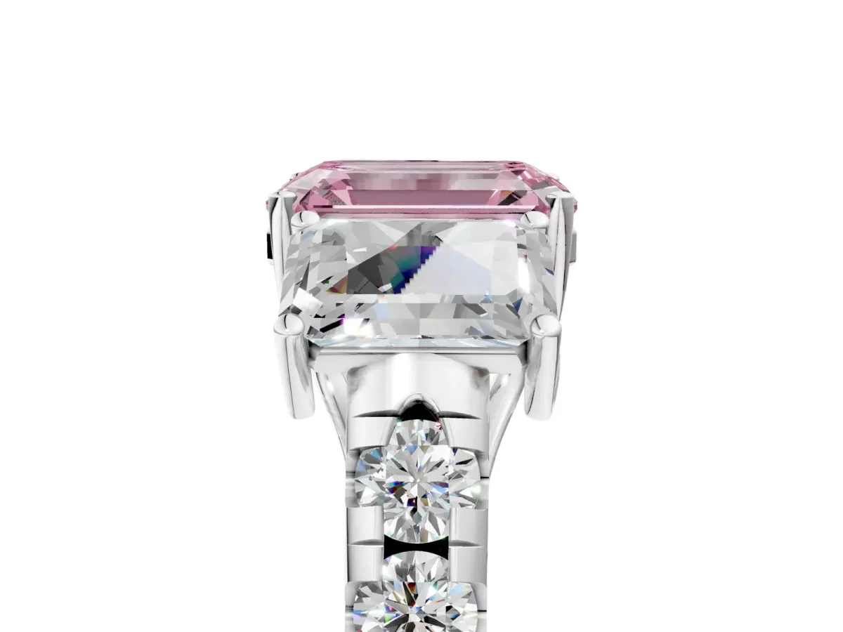 Fancy Pink Three-Stone Emerald Cut Diamond Pavé Band with Prong Setting Platinum