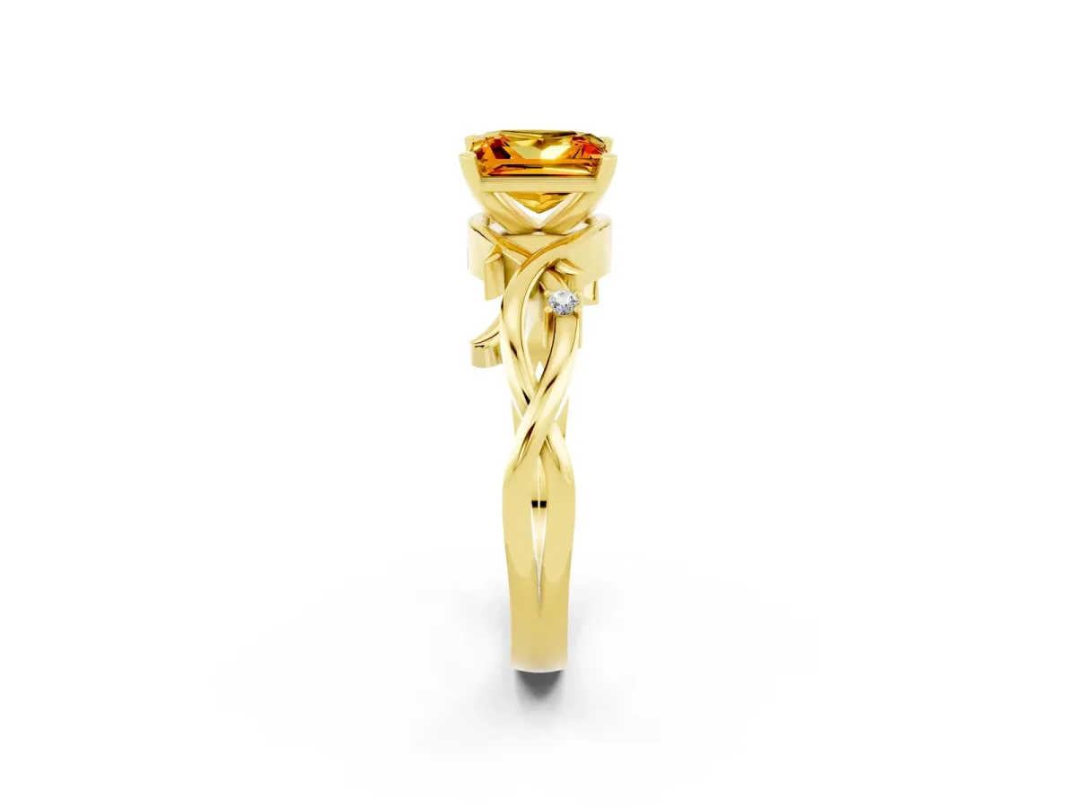 Princess Cut Citrine Solitaire Ring with Twisted Band and Prong Setting Yellow gold