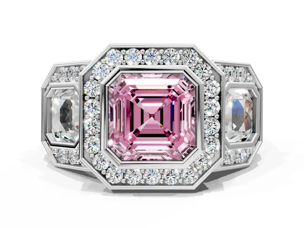 Fancy Pink Three-Stone Asscher Cut Halo Pavé Diamond Ring Platinum