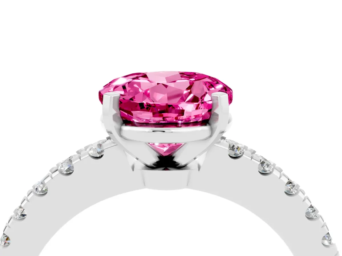 Round Cut Solitaire Pink Sapphire with Pavé Band and Four-Prong Setting Silver