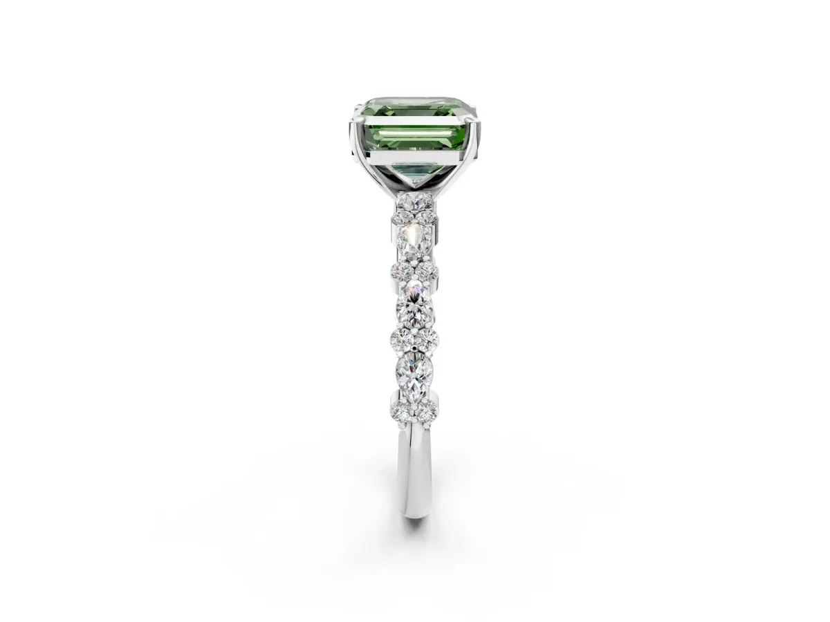 Fancy Green Asscher Cut Diamond Side Stone Solitaire Ring with Round and Four-Prong Setting Platinum