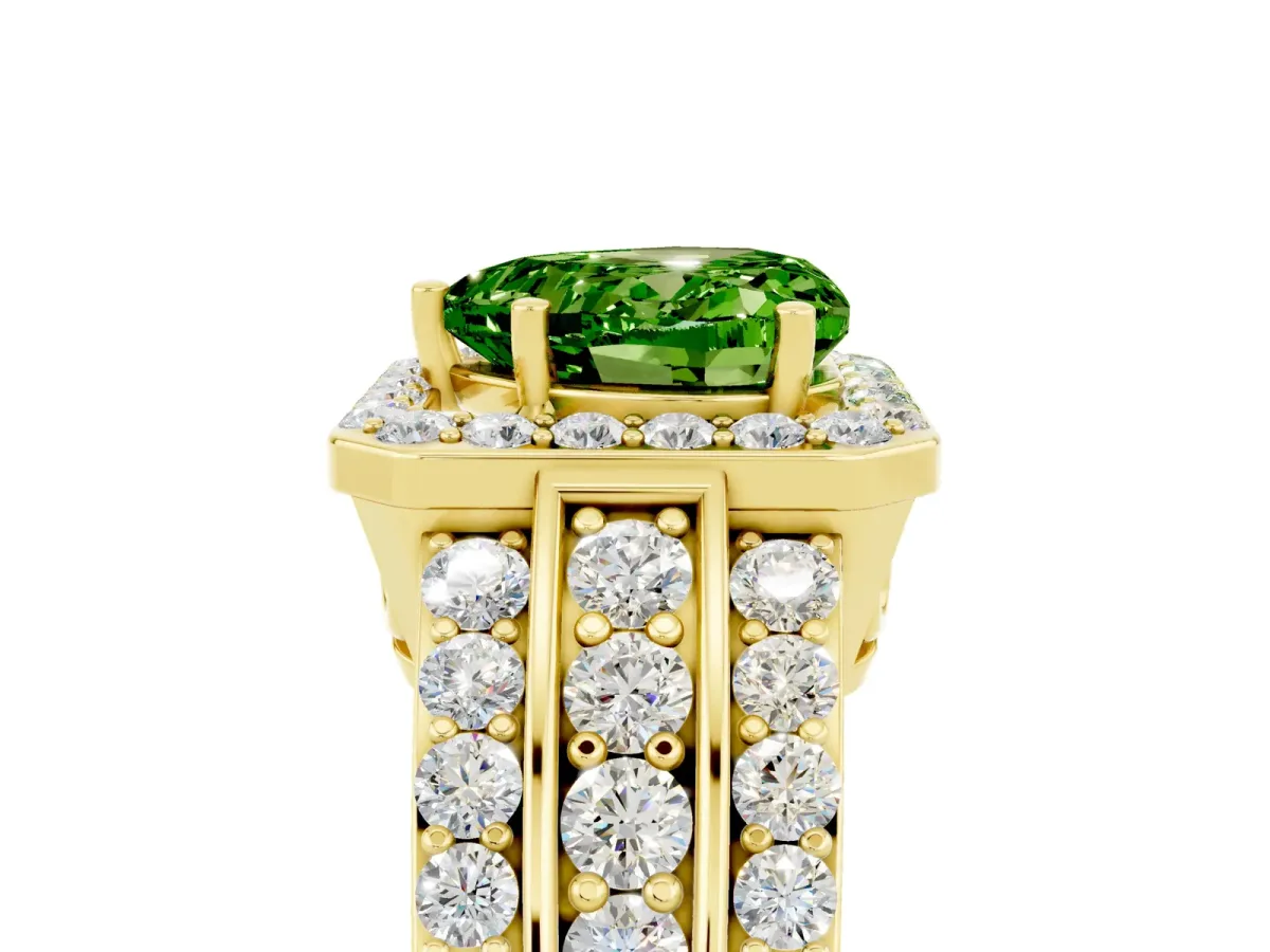 Heart Cut Halo Peridot Ring with Round Split Shank and Prong Setting Yellow gold