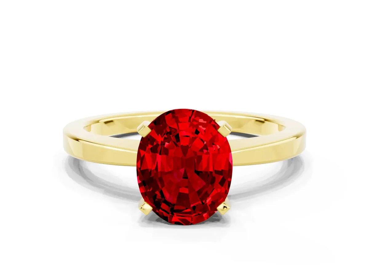 Oval Cut Ruby Solitaire Engagement Ring with Classic Band and Four-Prong Setting Yellow gold
