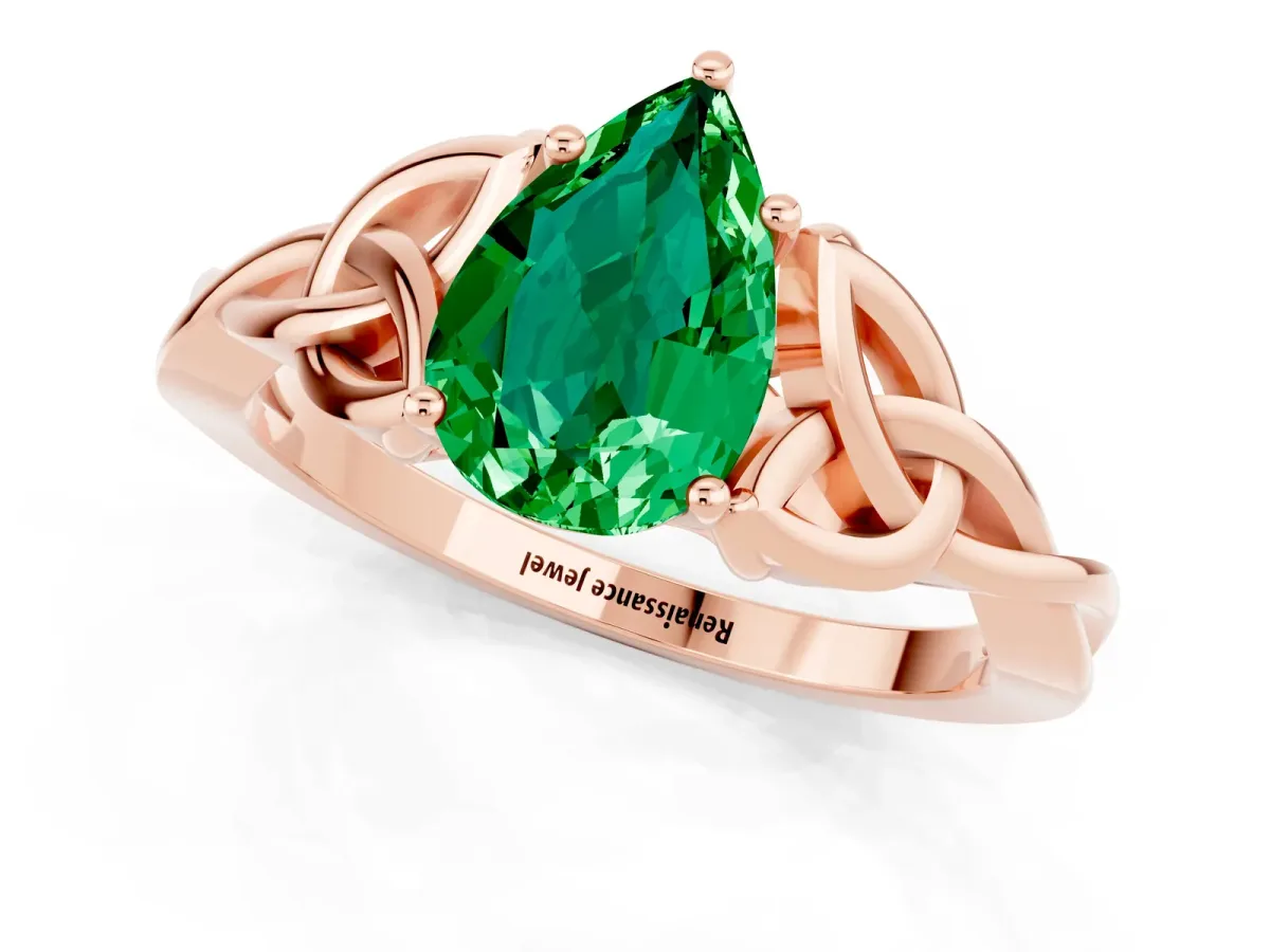 Pear Cut Emerald Solitaire Celtic Knot Ring with Four-Prong Setting Rose gold