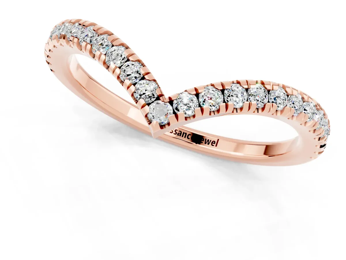 Pavé Round Moissanite V-Shaped Chevron Band with Shared Prong Setting Rose gold