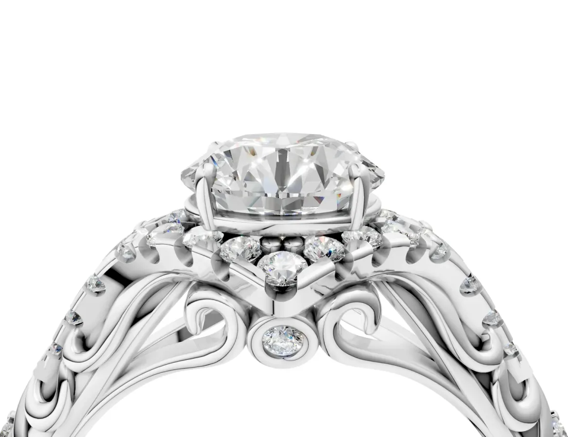 Round Cut Diamond Solitaire Ring with Hidden Halo and Pavé Band Silver