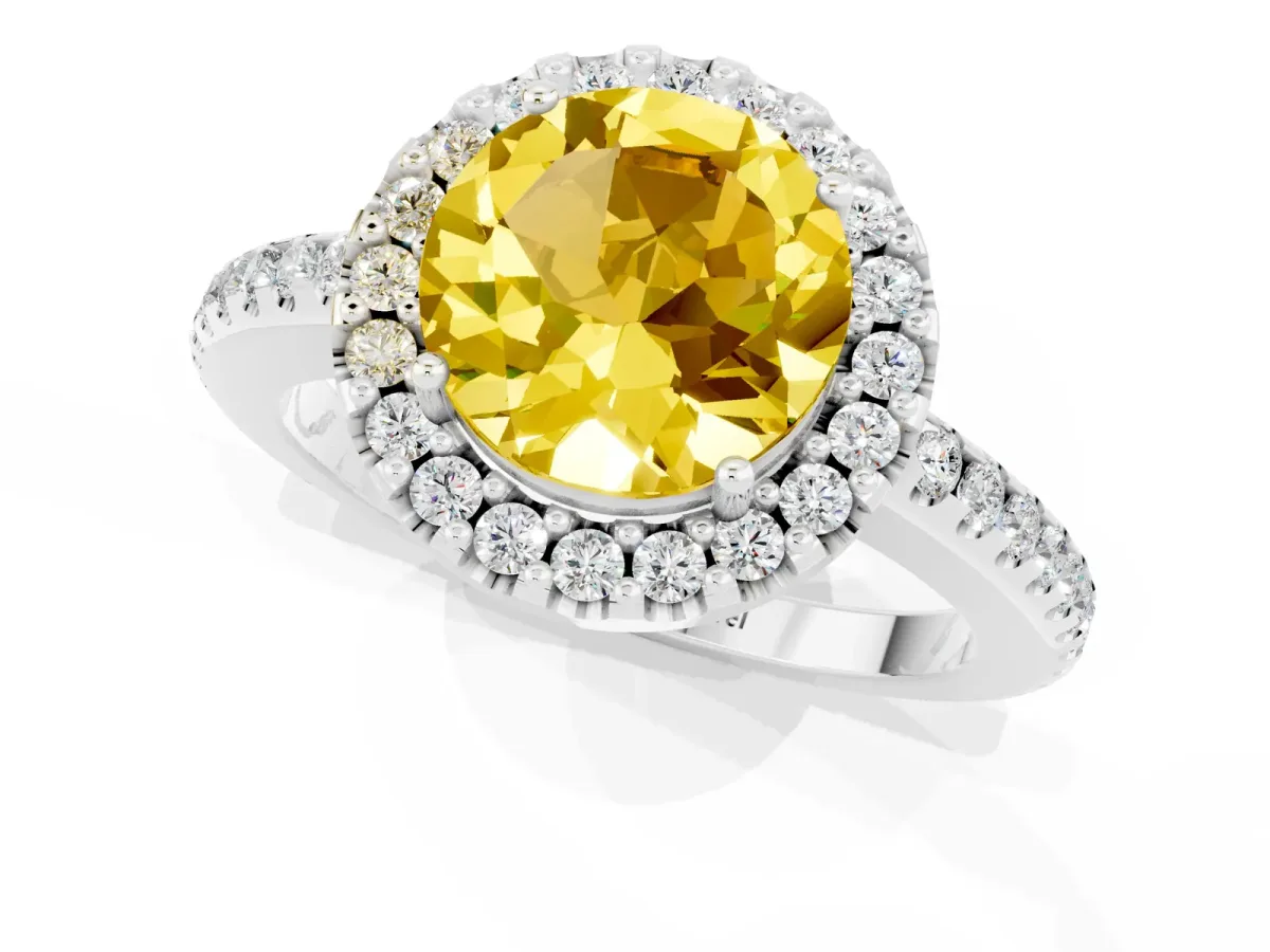 Round Cut Yellow Sapphire Pavé Halo Ring with Four-Prong Setting Platinum