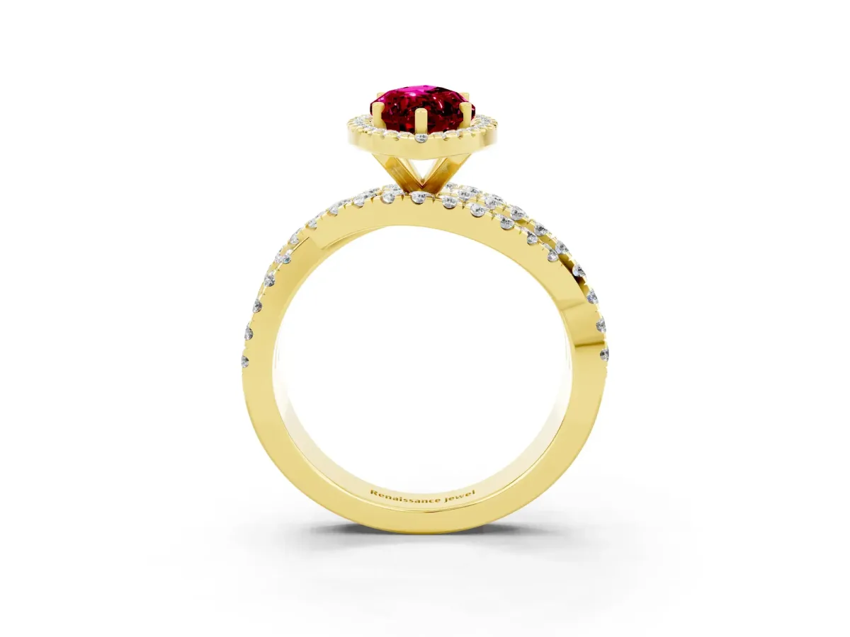Marquise Cut Garnet Halo Ring with Round Split Shank and Prong Setting Yellow gold