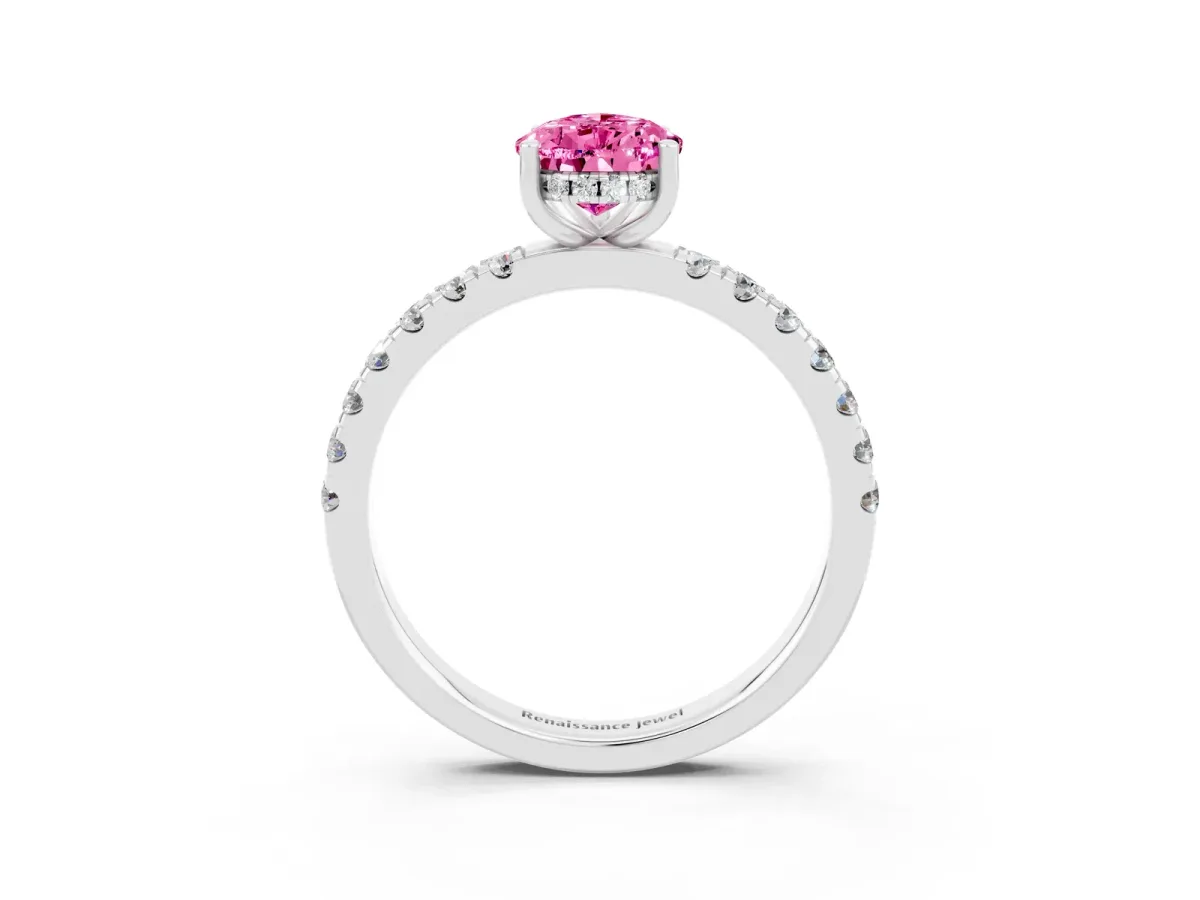 Pear Cut Pink Sapphire Pave Band Solitaire Ring with Round and Prong Setting Silver