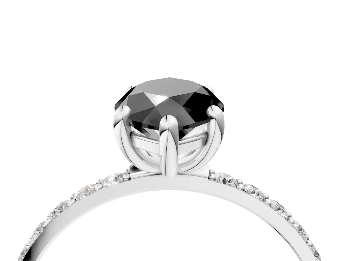 Fancy Black Marquise Cut Diamond Solitaire Ring with Round Pavé Band and Prong Setting Silver