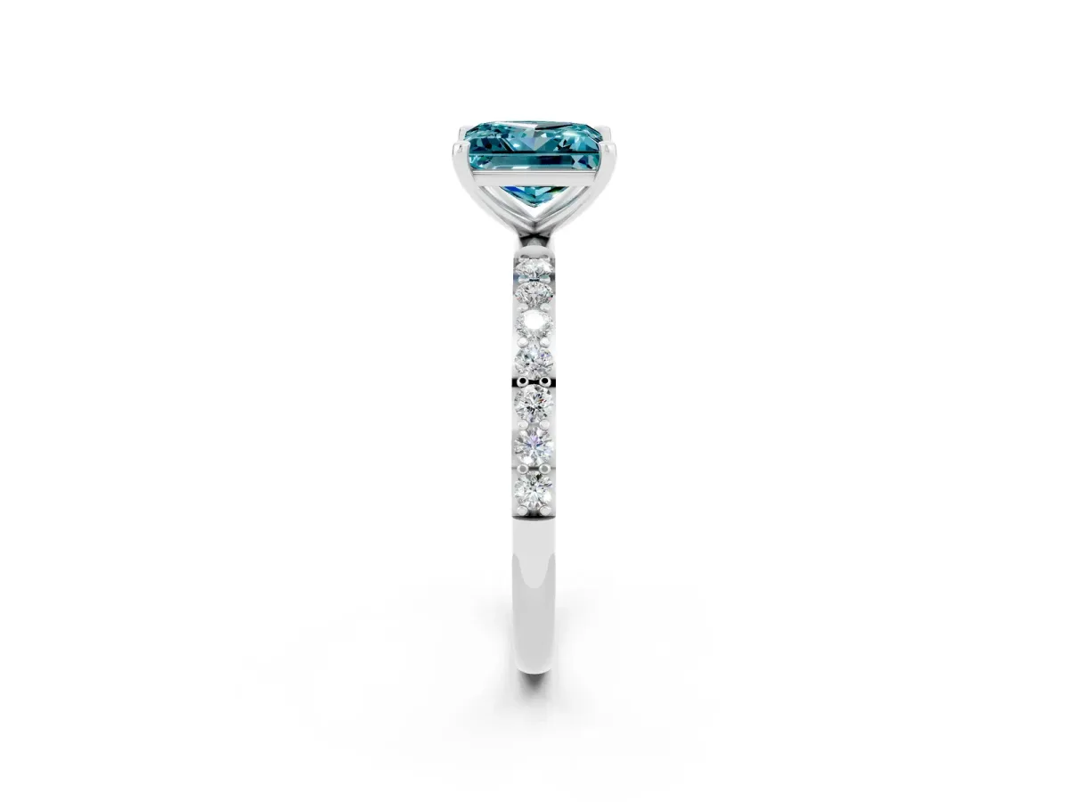 Princess Cut Blue Topaz Solitaire Ring with Round Pavé Band and Prong Setting Silver