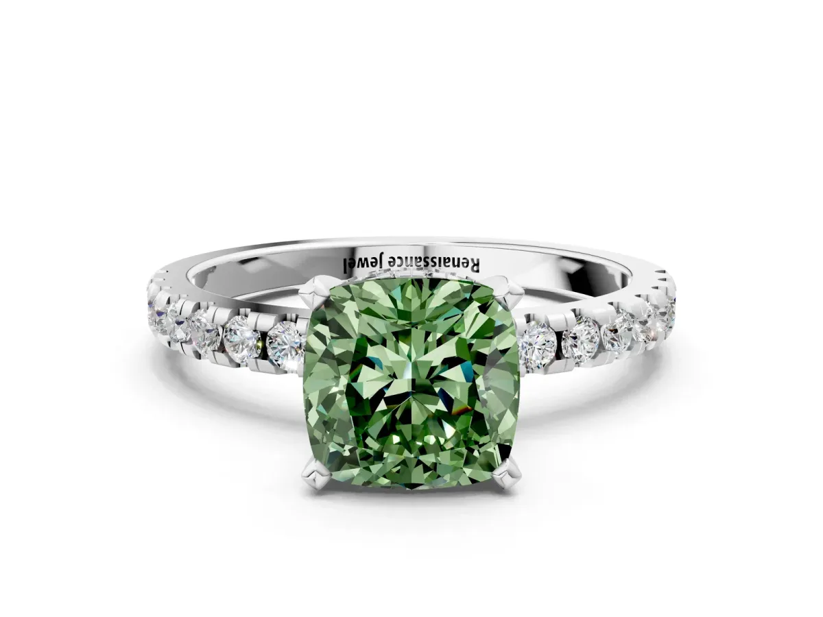 Fancy Green Cushion Cut Diamond Solitaire Ring with Round Pavé Band and Four-Prong Setting Silver