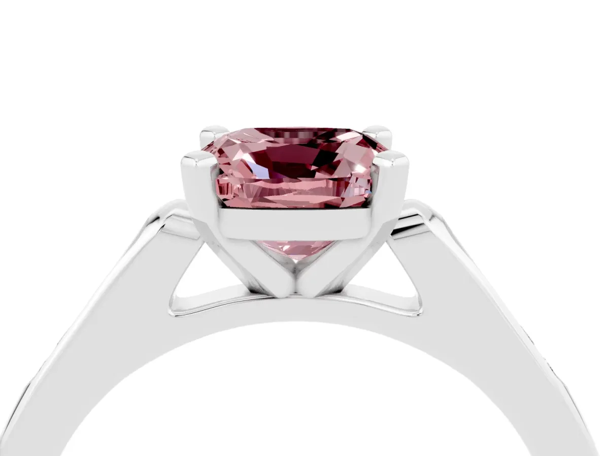 Cushion Cut Morganite Solitaire Ring with Channel Set Round Band and Prong Setting Silver