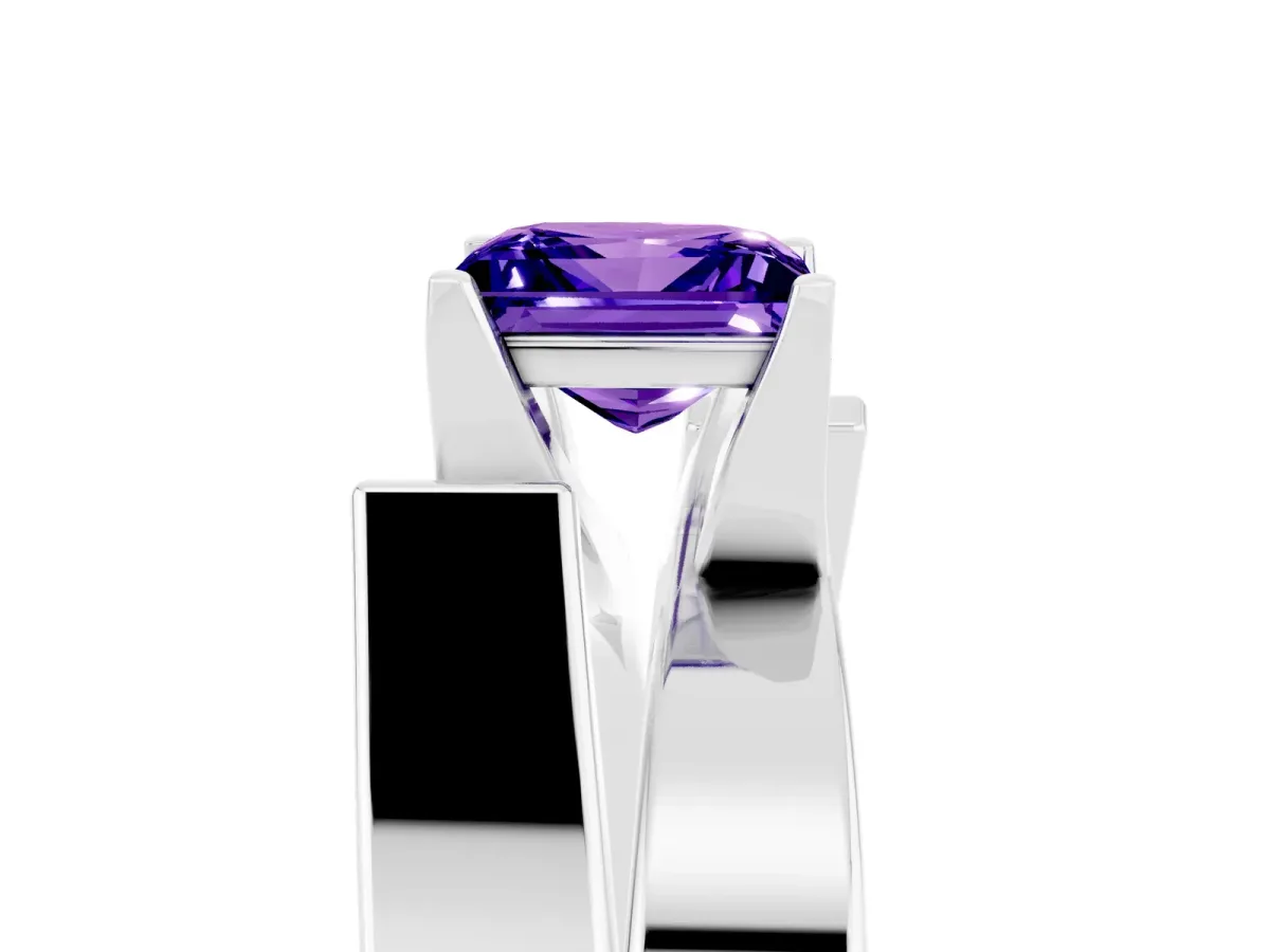 Modern Tension Set Princess Cut Tanzanite Solitaire Wide Band Ring Silver