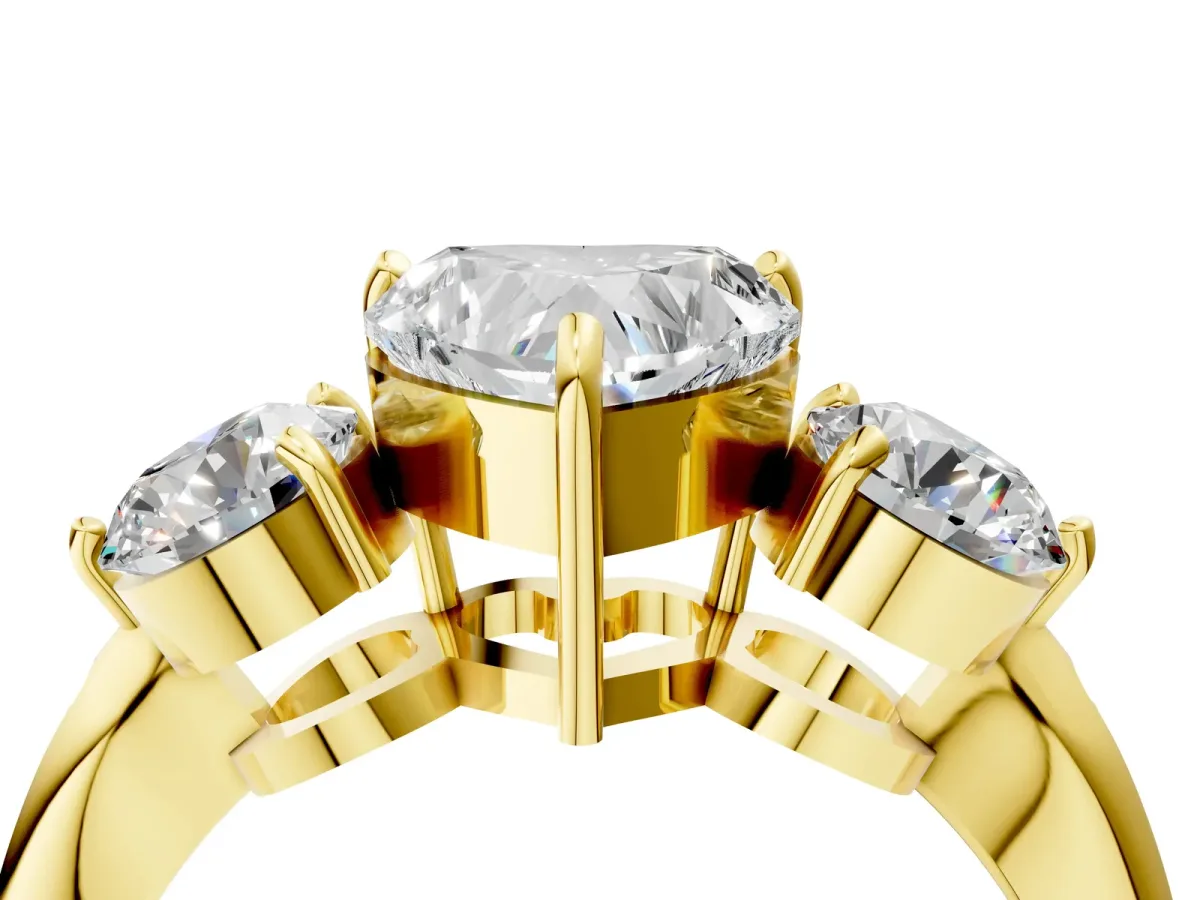 Three-Stone Heart Cut Diamond Channel Set Engagement Ring with Prong Setting Yellow gold