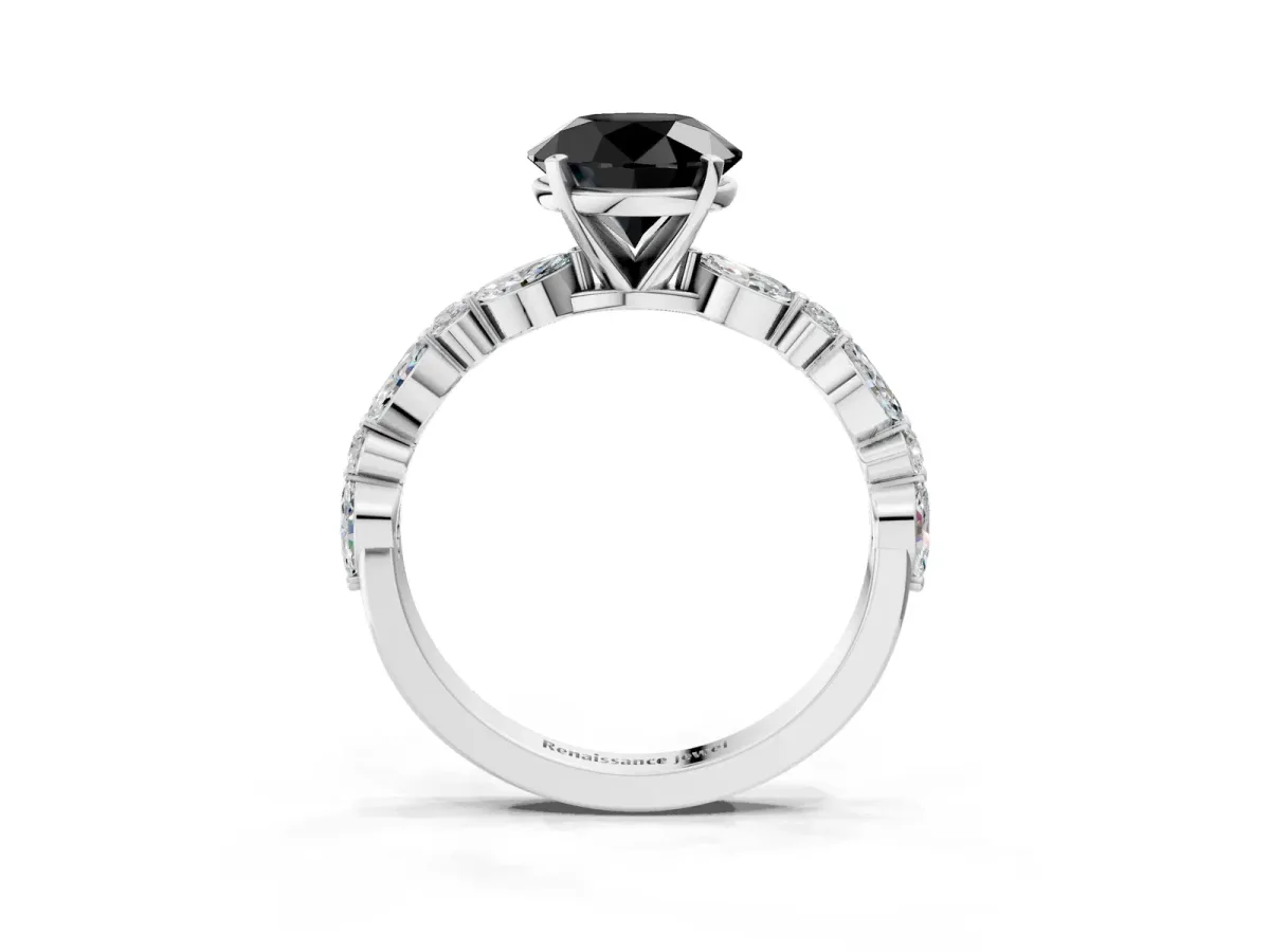 Fancy Black Round Cut Diamond Ring with Marquise and Round Side Stones and Four-Prong Setting Silver