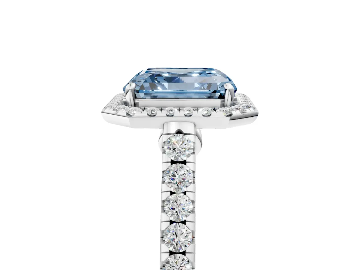 Fancy Blue Asscher Cut Halo Pave Diamond Engagement Ring with Four-Prong Setting Platinum