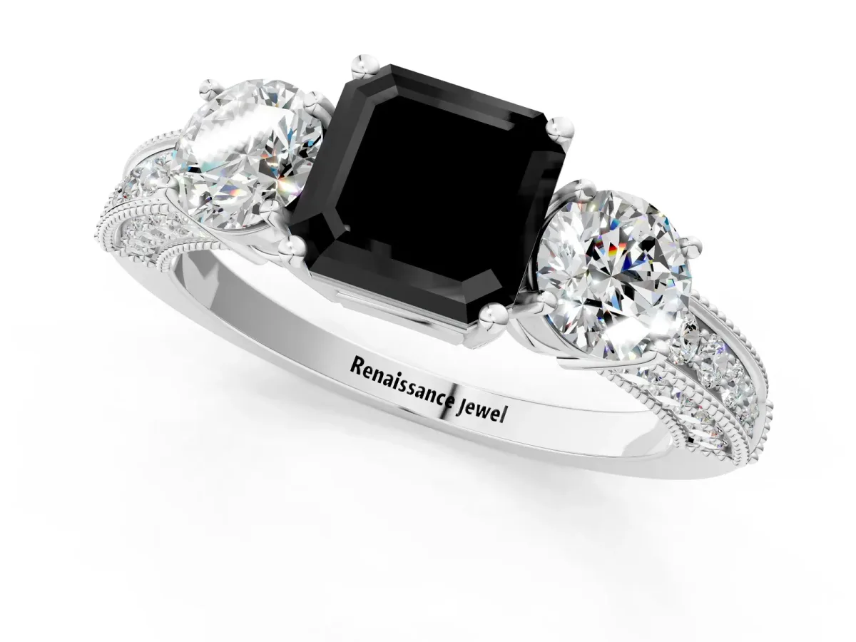 Fancy Black Asscher Cut Three-Stone Diamond Ring with Pavé Band and Four-Prong Setting Platinum