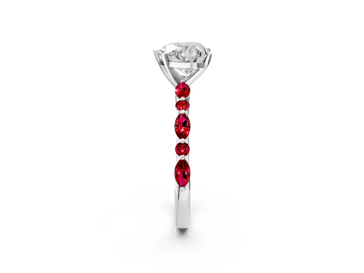 Heart Cut Diamond Ring with Marquise and Round Ruby Side Stones and Four-Prong Setting Platinum