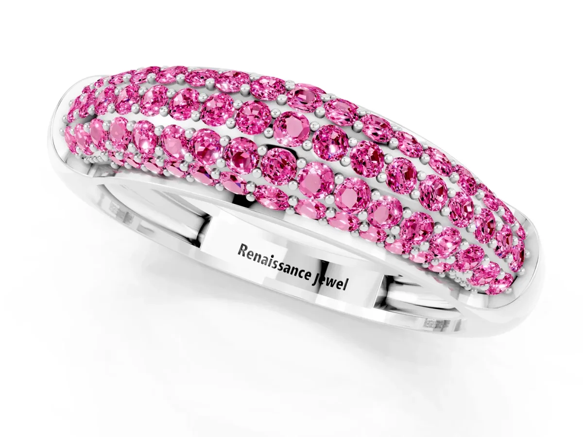 Three-Row Pavé Round Pink Sapphire Dome Band Silver