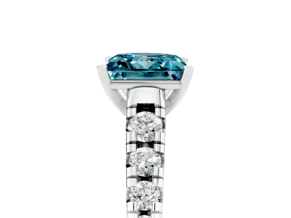 Princess Cut Blue Topaz Cathedral Solitaire Ring with Round Pavé Band Silver