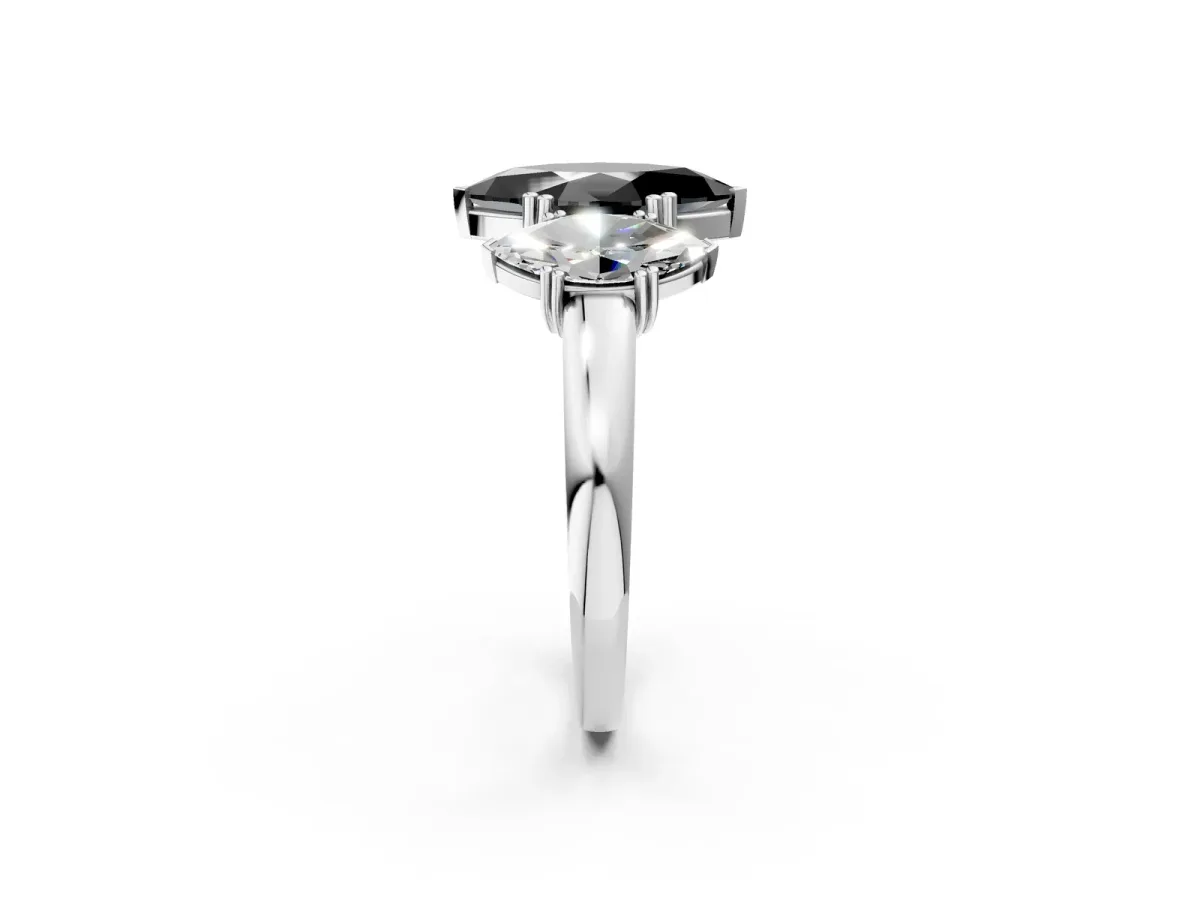 Fancy Black Three-Stone Marquise Cut Cut Diamond Ring with Channel Set Band and Four-Prong Setting Silver
