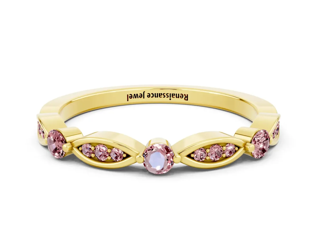 Marquise and Round Morganite Milgrain Band with Bezel Setting Yellow gold