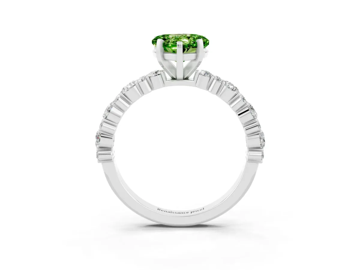 Heart Cut Peridot Side Stone Solitaire Ring with Round and Four-Prong Setting Platinum