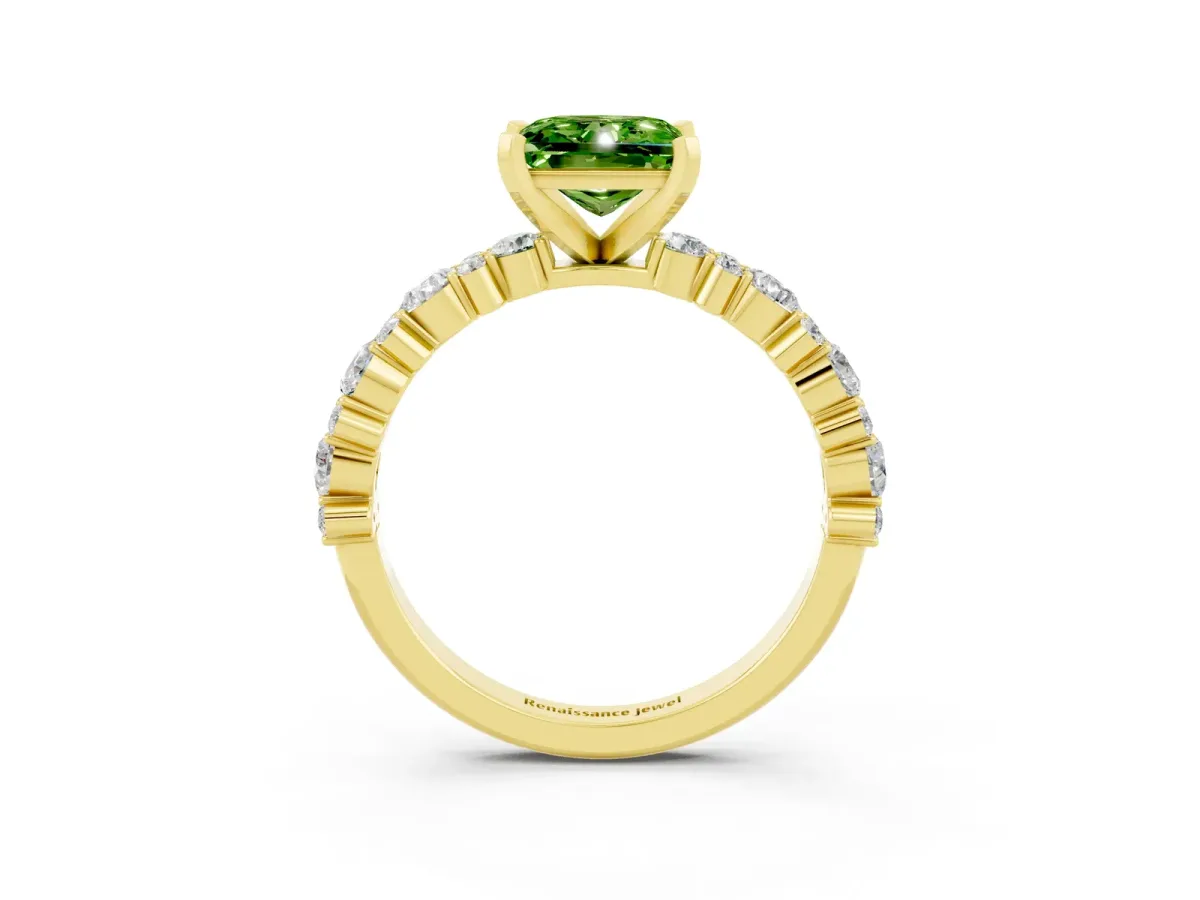 Princess Cut Peridot Side Stone Solitaire Ring with Round and Four-Prong Setting Yellow gold