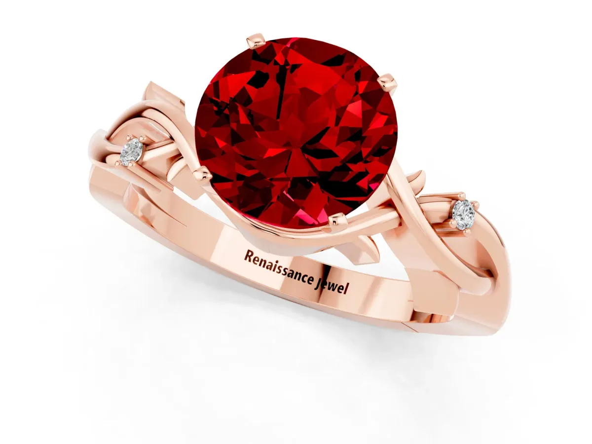 Round Cut Ruby Solitaire Ring with Twisted Band and Prong Setting Rose gold